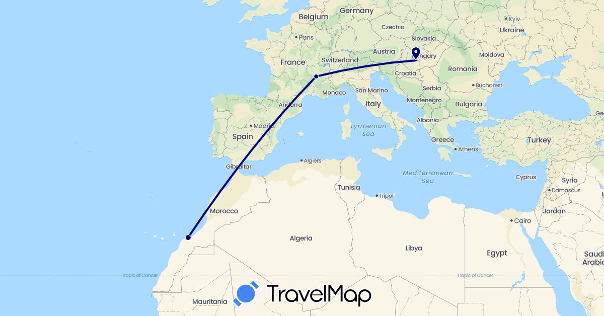 TravelMap itinerary: driving in France, Hungary, Morocco (Africa, Europe)